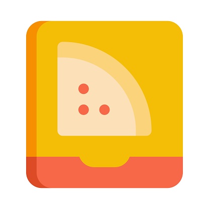 Pizza box in flat icon. Pizza slice, pizza delivery, box, packaging, fast food, food order