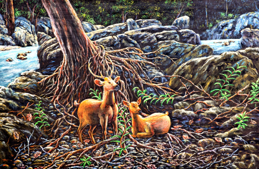 original oil painting on canvas - Deers in the forest
