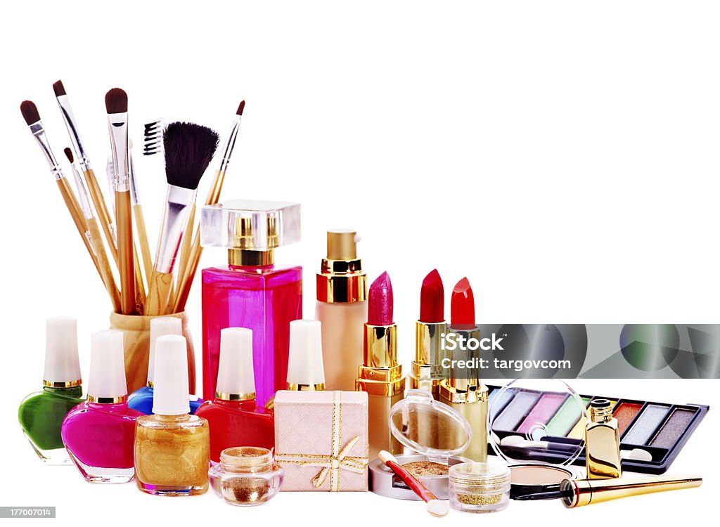 Decorative cosmetics and perfume. Decorative cosmetics and perfume. Isolated. Angle Stock Photo