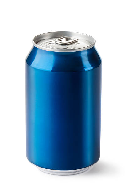 Blue 12 ounce aluminum can with ring pull isolated in white