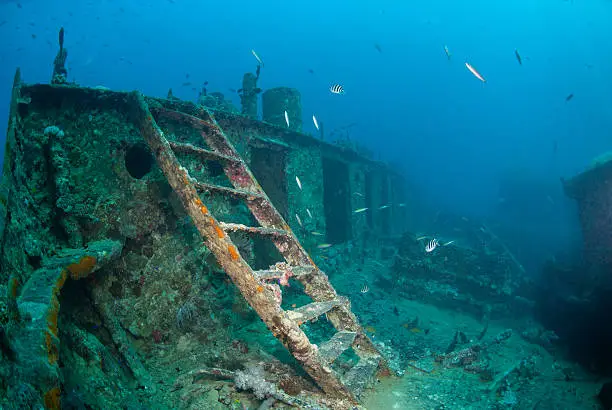 Photo of Ladder leading to the bow deck of ashipwreck