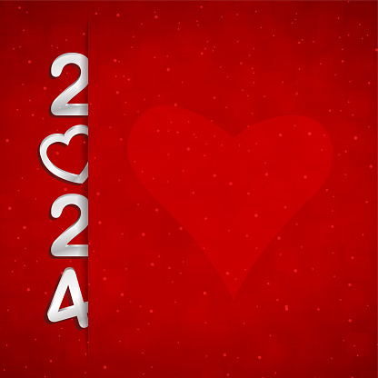 A vector illustration of New Year or Valentine theme white text 2024 with a heart over a red background. The text is being inserted into a an opening or cut on the sheet, looks like an envelope. Apt for Happy New Year, Christmas, Love, Anniversary, Valentine's Day theme backgrounds, greeting cards, posters, banners and backdrops.