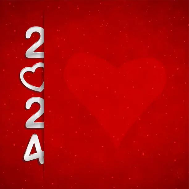 Vector illustration of A creative blank square vector Happy New Year text 2024 in silver white 3D color heart replacing 0, inserted vertically into a slit over bright red color Valentine Day or Love theme backgrounds with copy space and a watermark heart