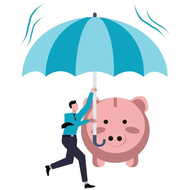 Vector illustration of Confidence investor with his piggy bank safety money covered by big umbrella