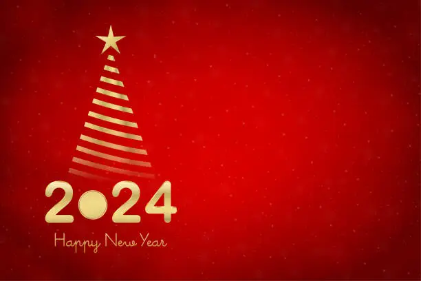Vector illustration of Golden metallic gold colored three dimensional or 3D text 2024 and Happy New Year over dark bright vibrant red maroon horizontal bordered festive glowing glittering vector backgrounds with a striped Christmas tree with a star