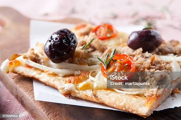 Pizza With Onions Tuna Tomatoes And Olives Stock Photo - Download Image Now - Cheese, Cooked, Dinner