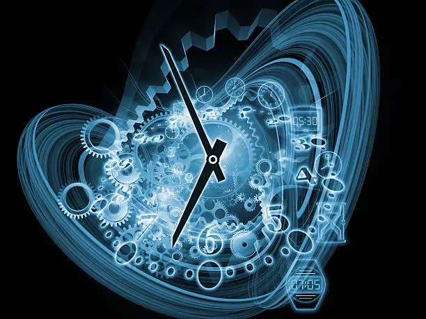 "Abstract design made of gears, clock elements and abstract design elements on the subject of scheduling, temporal and time related processes, deadlines, progress, past, present and future"