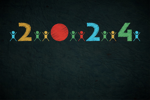 Creative fun horizontal vector wallpaper or poster or banner with text year 2024 in vibrant colourful stroking pattern over wrinkled textured black backdrop like embroidery or colorful writing on a chalkboard with small similar figurine standing together. Apt for use as happy new year banners, posters, greeting cards and backdrops.