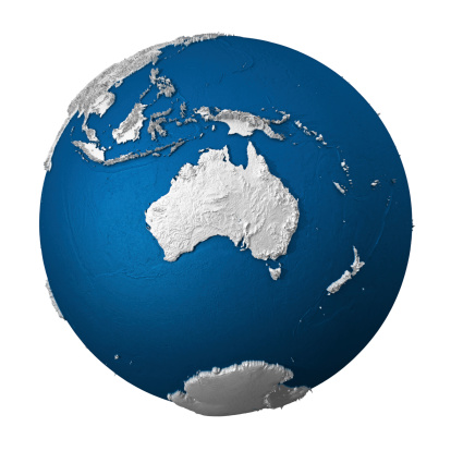 Artificial Earth - Australia. White lands and blue oceans. Detailed surface. 3d render