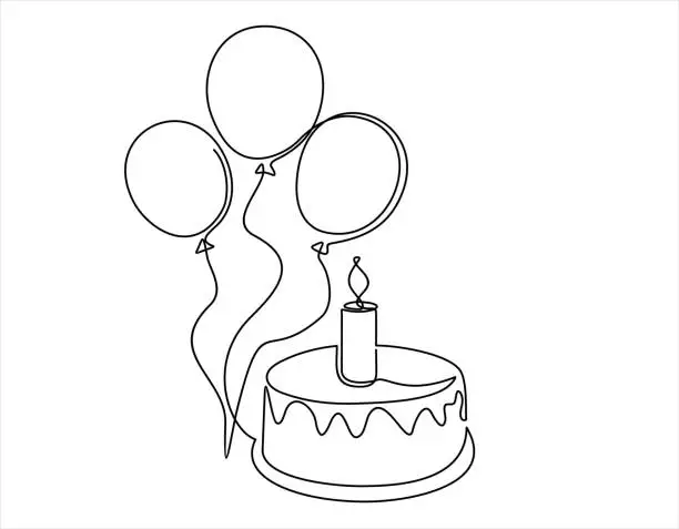 Vector illustration of Continuous line drawing of birthday cake and balloons. Cake with sweet cream and a candle. Birthday celebration concept isolated on white background. Hand drawn design vector illustration