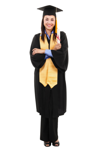 Stock image of happy female graduate isolated on white background