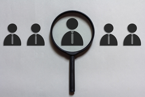 magnifying glass focus on manager icon, Personnel search and human development concept