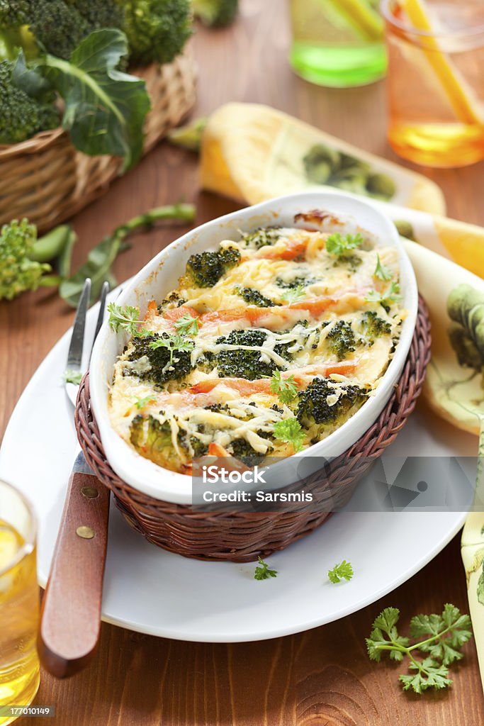 broccoli and salmon  gratin broccoli and salmon  gratin with cheese Casserole Stock Photo