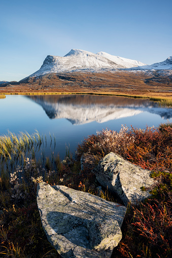 Beautiful Autumn Scenery in the Swedish Lapland with mountains and a small lake