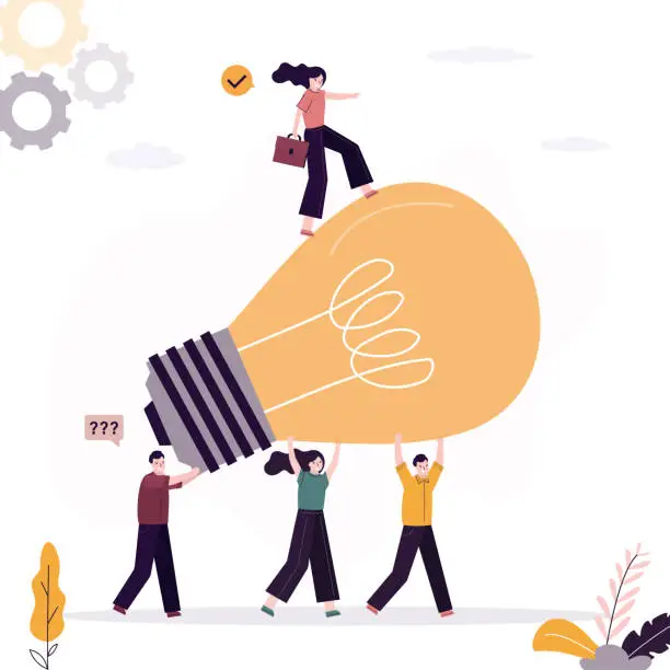 Vector illustration of Business innovative solution, team brainstorming, pitching ideas. Invention help company achieve goals, smart people, teamwork help carry big lightbulb.