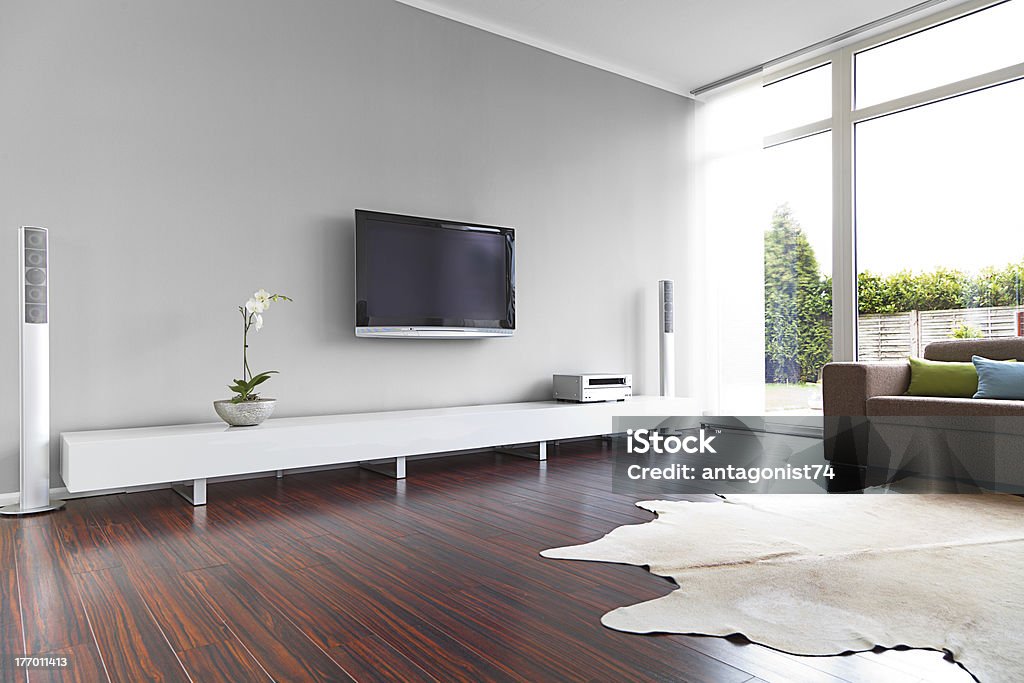 Modern Living Room Interior Modern living-room with TV and hifi equipment Television Set Stock Photo