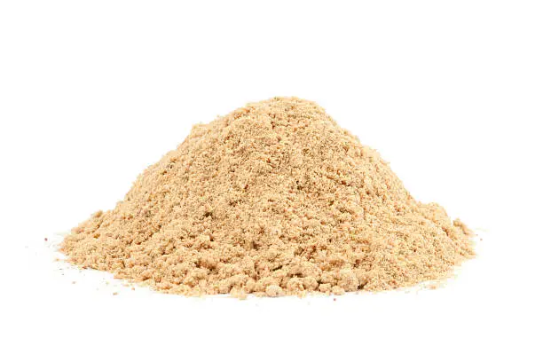 Photo of Pile of Ground Ginger (Zingiber officinale) isolated on white ba