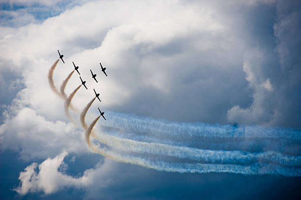 airplanes in a flight show A group of seven airplanes gives the audience an exciting show. airshow photos stock pictures, royalty-free photos & images