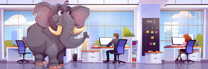 Elephant near worker desk in office room cartoon vector. Businessman and woman employee at window workplace ignore or avoid unpleasant and unspoken trouble business metaphor panoramic illustration.