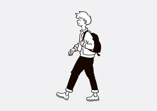 Vector illustration of Illustration of a man walking in the city. Man walking with backpack on his back. Clip art of a person.