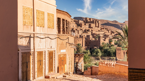 Ksat ait Ben Haddou village is built with earth and clay, ancient mud-brick architecture and labyrinth of narrow streets was a stop at the caravan route in Sahara desert, Morocco.