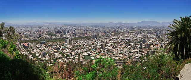 Panoramic view of Santiago from San Cristobal Hill, Chile, South America