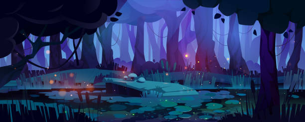 ilustrações de stock, clip art, desenhos animados e ícones de night jungle forest swamp with firefly background - rainforest tropical rainforest forest moonlight