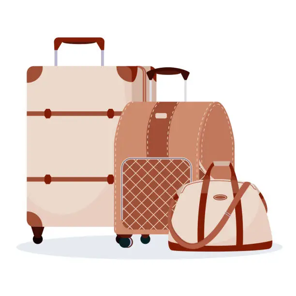 Vector illustration of Composition of fashion travel bags . Cartoon suitcases wheels, plastic luggage, baggage for journey. Trendy luggage for men or women. Vector illustration for tourism in flat style