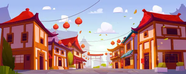 Vector illustration of Chinese building on city street cartoon vector