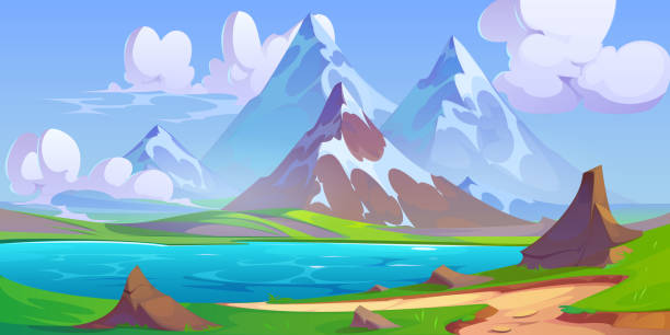 istock Cartoon mountain landscape with lake in valley 1770134466