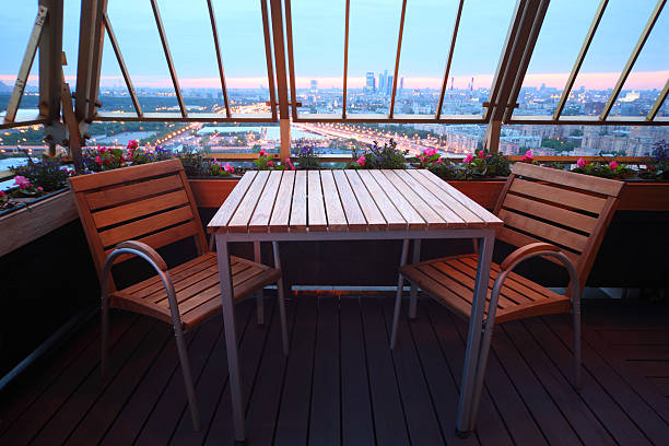 istock Wooden chairs and table at terrace in empty restaurant 177013522