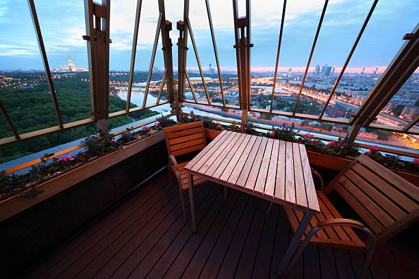 istock Wooden chairs and table at terrace in restaurant 177013533