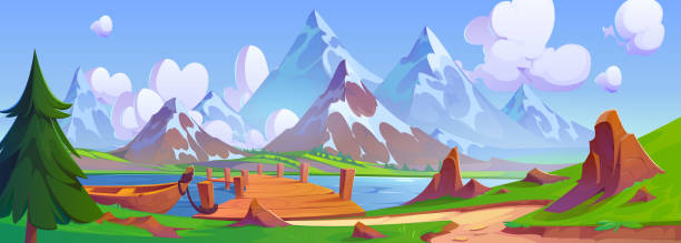 istock Cartoon mountain lake with boat moored to bridge 1770138126
