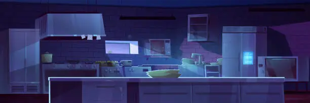 Vector illustration of Professional kitchen interior at night