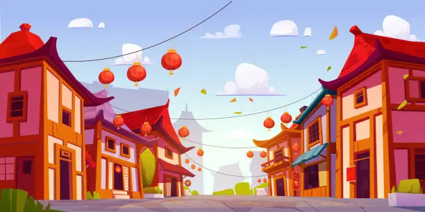 Vector illustration of Asian town street with buildings along road