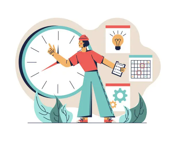 Vector illustration of Man planning work day, standing near clock. Business people actively doing office job