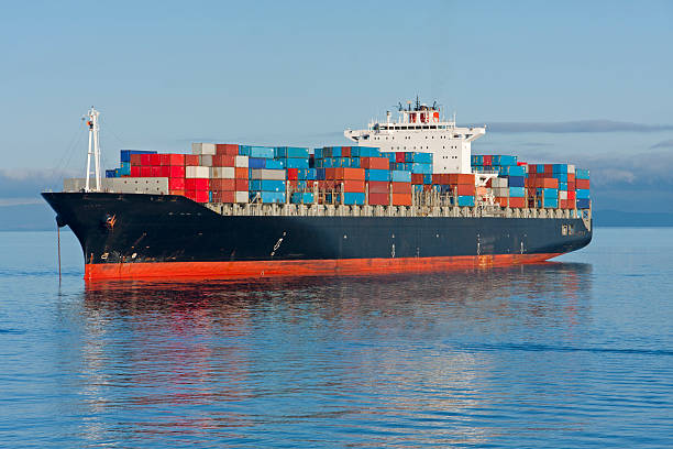 A large industrial container ship sailing through the ocean