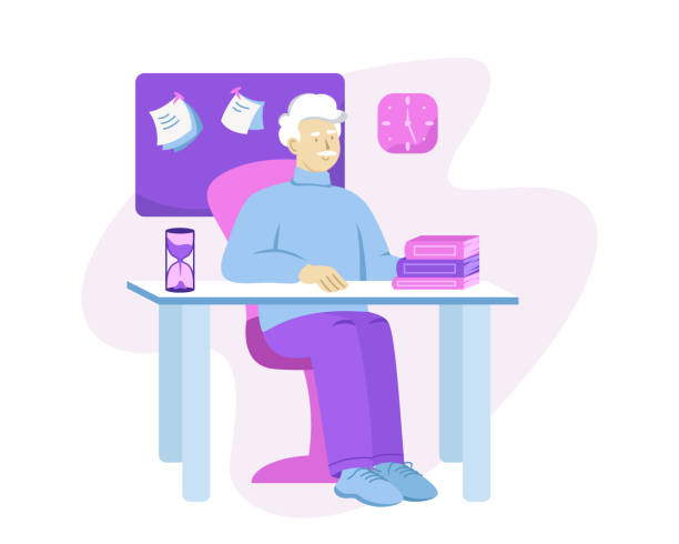 ilustrações de stock, clip art, desenhos animados e ícones de adult man sitting at table and working in office. time management - hourglass time purple deadline