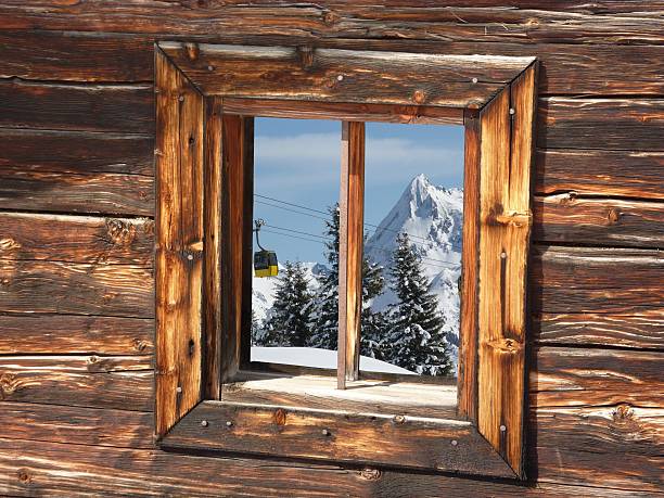 Winter scenery and a cable car in the window