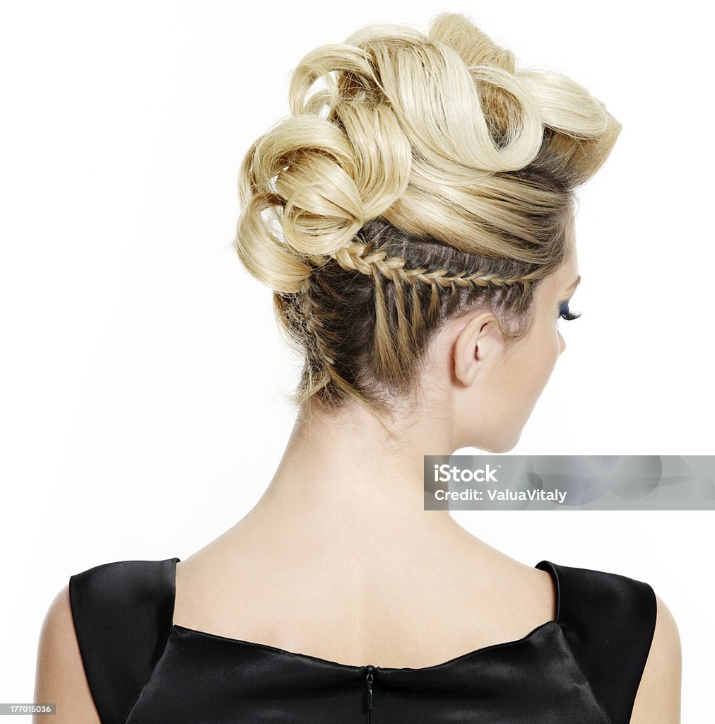 Fashion  creative  hairstyle "Blond woman with creative curly  hairstyle, rear view on white background" Adult Stock Photo