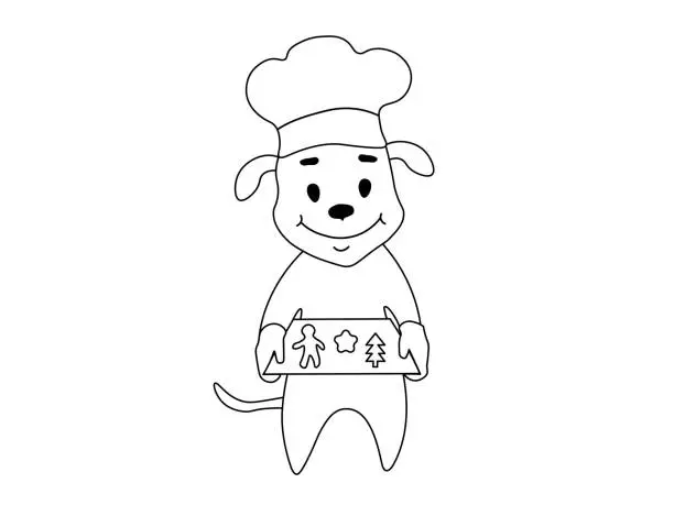 Vector illustration of Cheerful baker,cook, doodle black and white dog with gingerbread