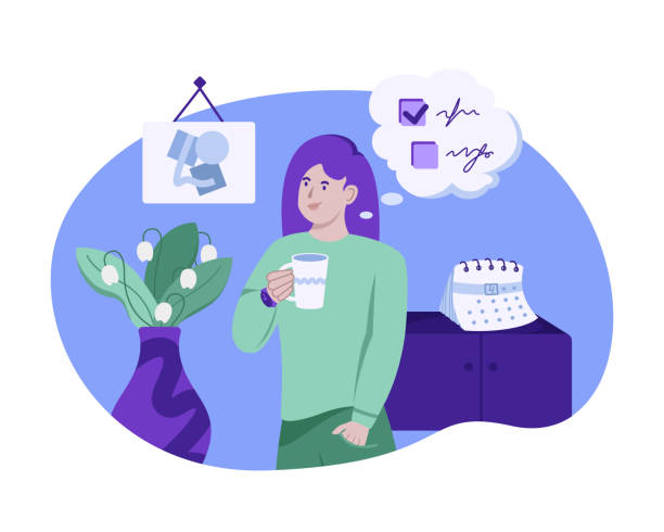 ilustrações de stock, clip art, desenhos animados e ícones de lady drinking tea, thinking about checklist. time management - hourglass time purple deadline