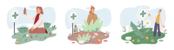 Vector illustration of Herbal oils natural medicines. Scientist or doctor making alternative medicine herb