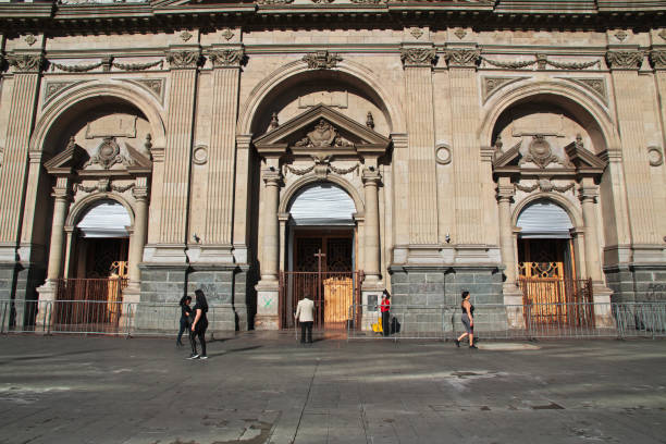 Arcade street view in Pontevedra city, stone arches diminishing perspective, Galicia, Spain.