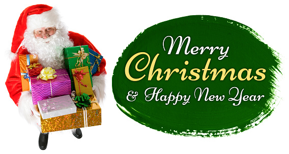 Santa Claus with gifts, Merry Christmas and Happy Yew Year lettering on a green painted spot. Isolated on a white background.