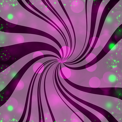 Abstract twist shape background in purple colors with defocused glowing lights and particles. Color spiral background.