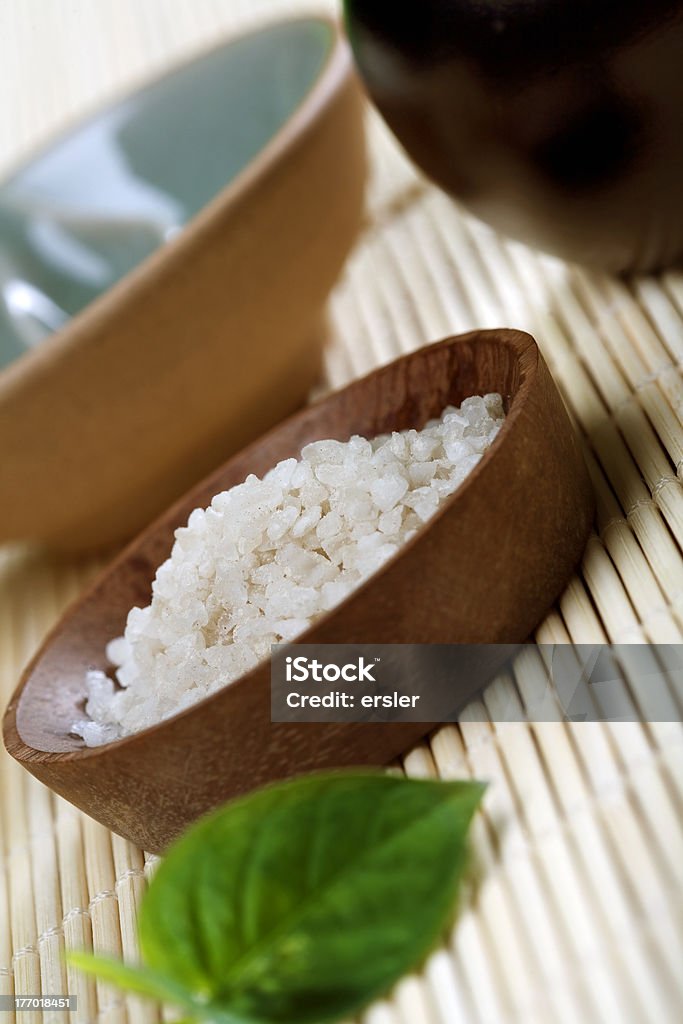salt Close up view of spa theme objects on natural background Beauty Product Stock Photo