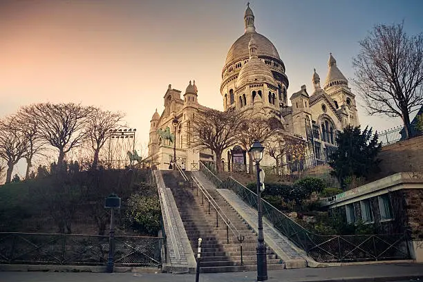 Sacre Coeur Basilica on Montmartre Hill in Paris, France