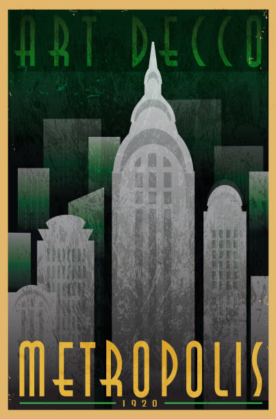 Vector illustration of an Art Decco style vintage advertisement poster. Features simple stylized cityscape with text design. Very textured. Download includes Illustrator 10 eps, high resolution jpg and png file.