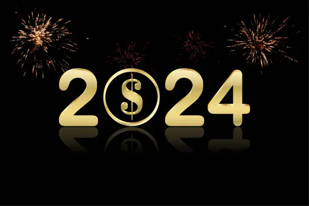 Vector illustration of Metallic golden beige brown colored text 2024 with dollar coin over shining black colour festive glowing glittering horizontal vector backgrounds for Happy New Year greeting cards, posters and banners with fireworks in backdrop